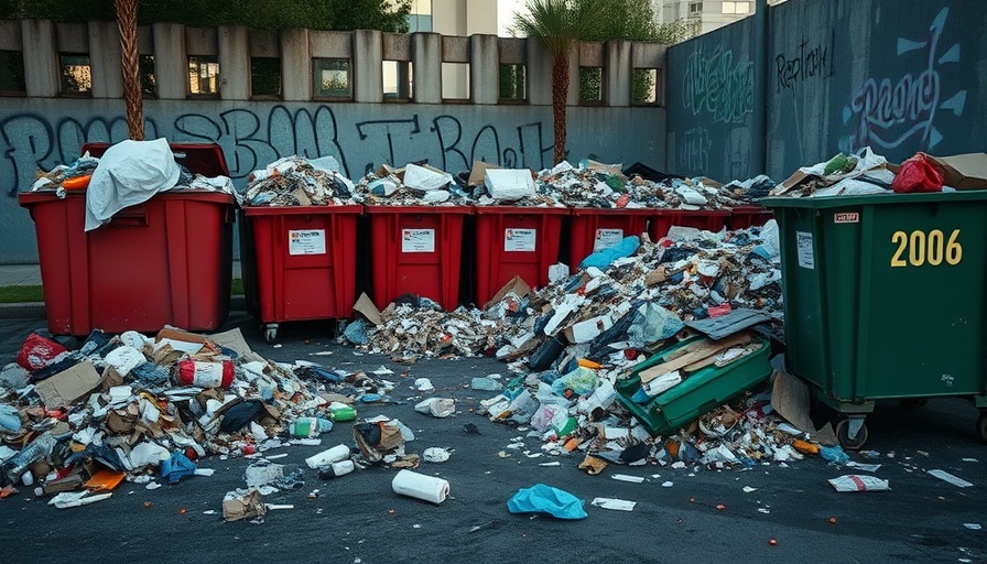 Overflowing dumpsters during trash strike in Chula Vista, litter scattered around.