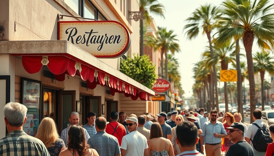 People lining up outside Las Cuatro Milpas on a sunny day.