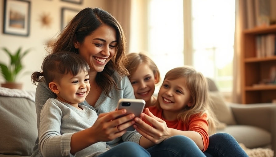 Online safety for sandwich generation: mother and children using smartphone on couch.