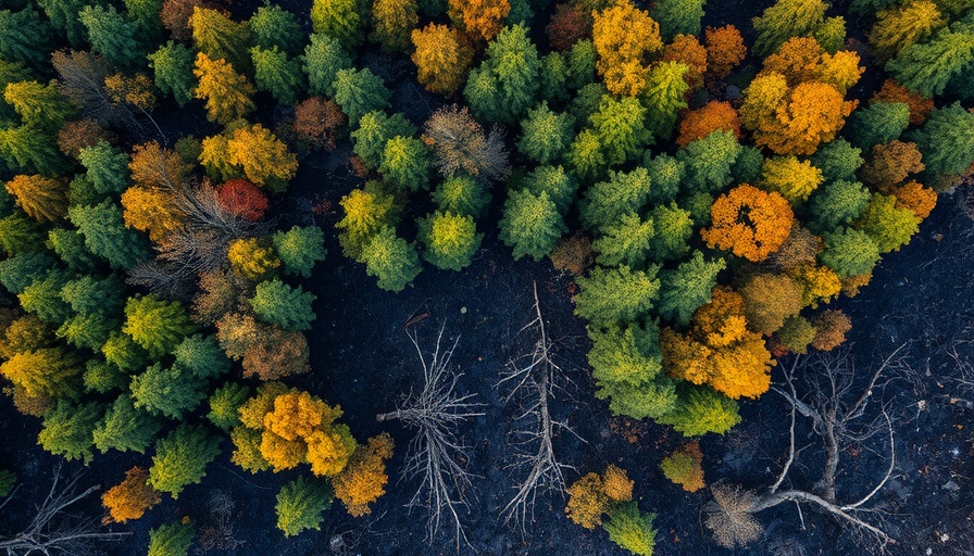 Aerial shot showing forest affected by fire, illustrating trail closures