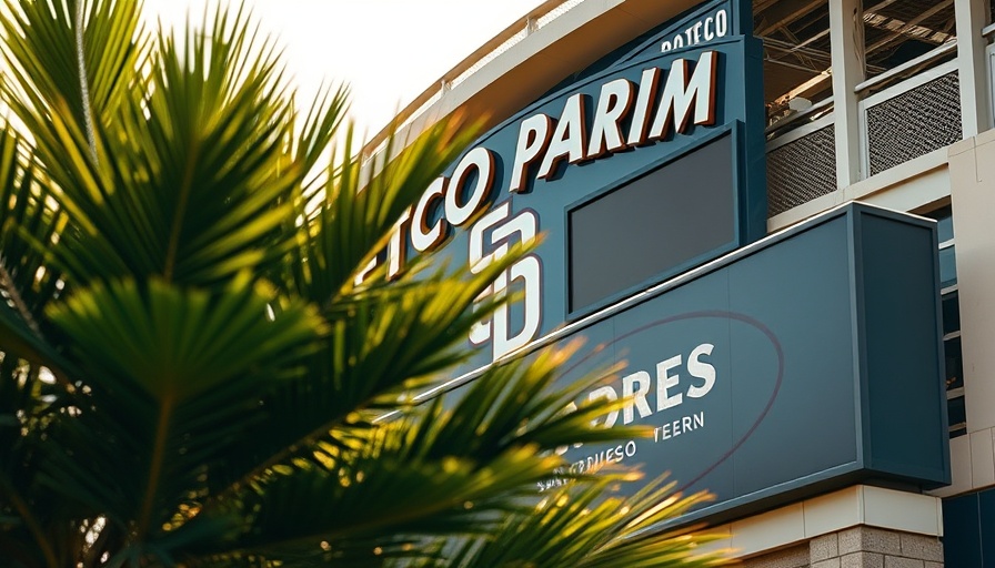 Close-up of Petco Park and San Diego Padres emblem under palm trees
