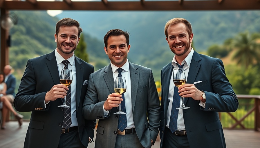 Three men holding wine glasses outdoors amidst California landscape.