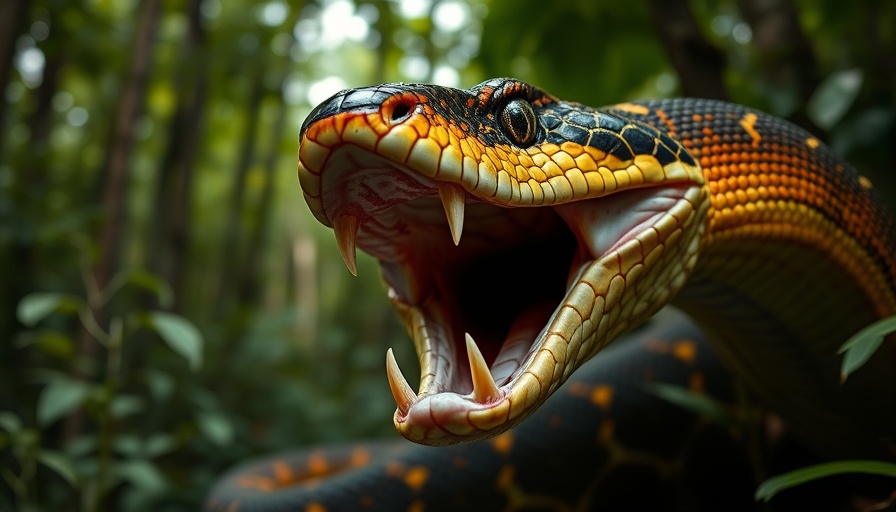 Venomous snake with open mouth in dense forest background