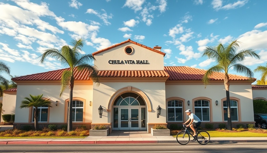 Chula Vista City Hall with cyclist, blue sky, palm trees.