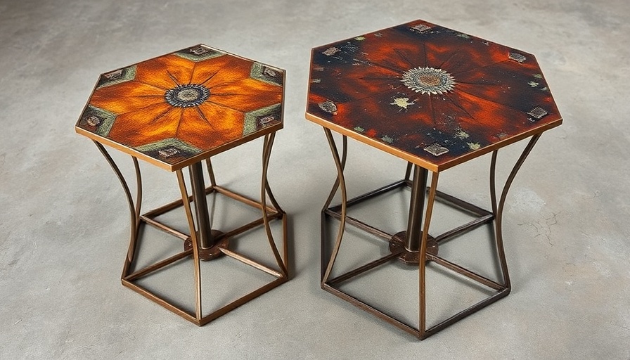 Frank Lloyd Wright designed tables with patina finish, preserved furnishings