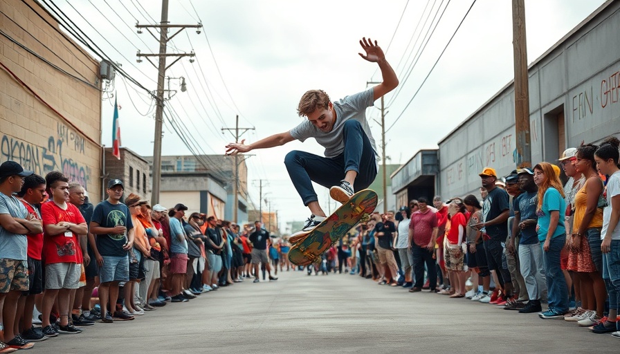 Energetic skateboarder performing trick in vibrant street scene