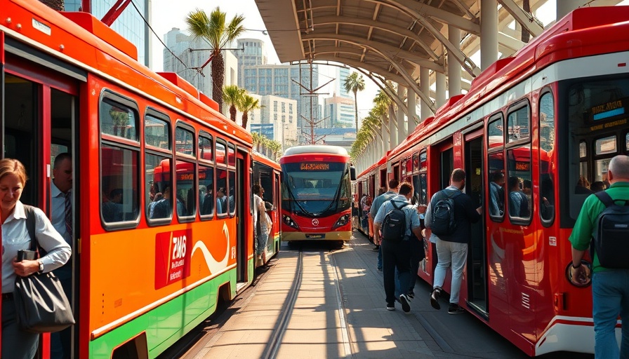 San Diego public transportation improvements shown with vibrant trolleys and buses at a busy station.