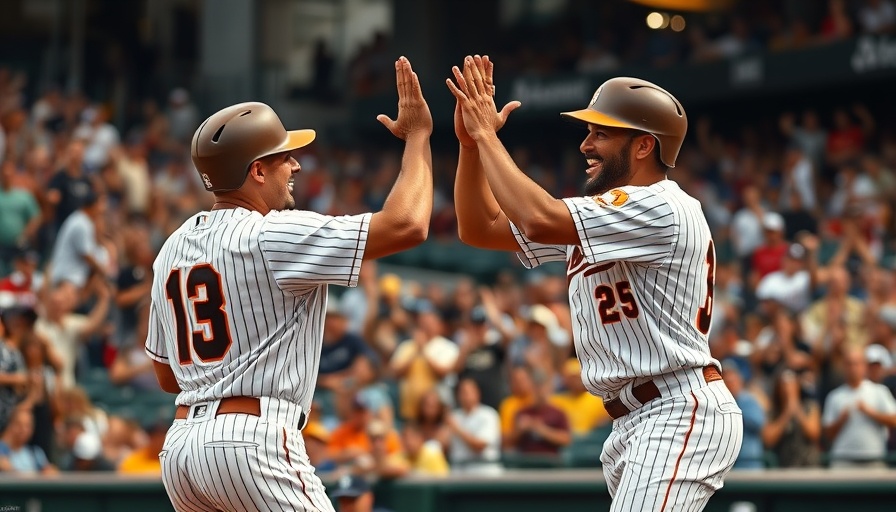 Padres players celebrating victory over Giants with high-fives.