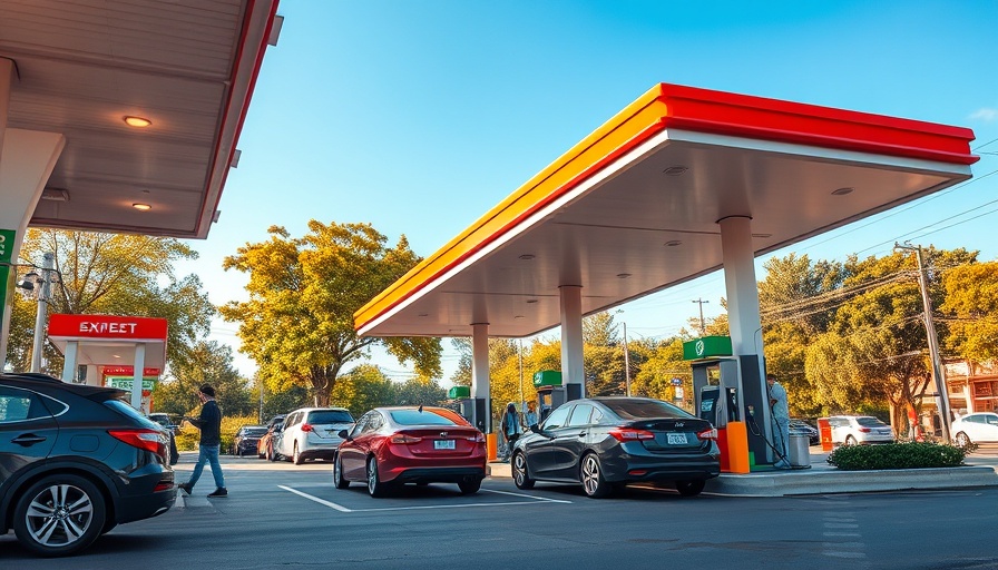 California gas prices at bustling station on a sunny afternoon.