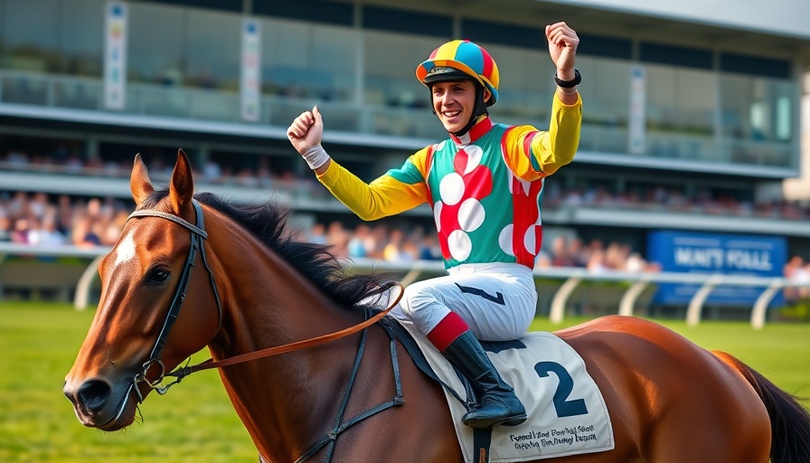 Jockey celebrating on racehorse at Del Mar race track