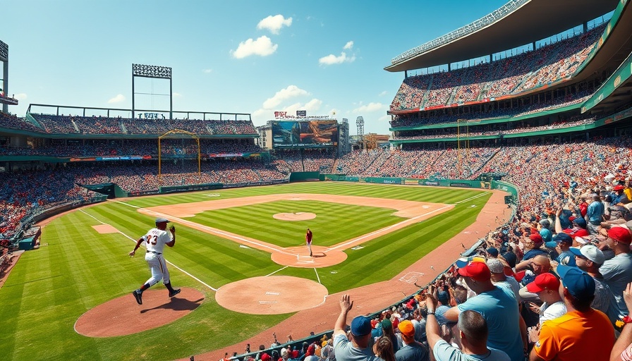 Energetic baseball game scene with cheering crowd and player running.