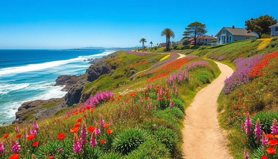 La Jolla Coastal Trail with vibrant wildflowers and ocean view.