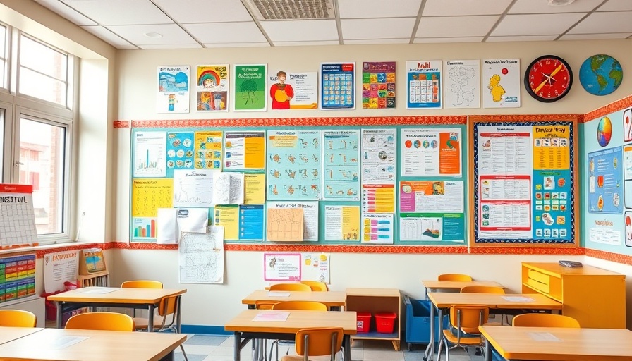 Classroom with educational charts and colorful displays.