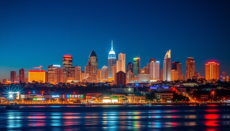 Illuminated San Diego skyline at night for emergency preparedness event.