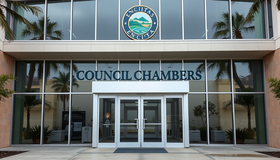 Entrance of Encinitas City Council Chambers with sign and logo.