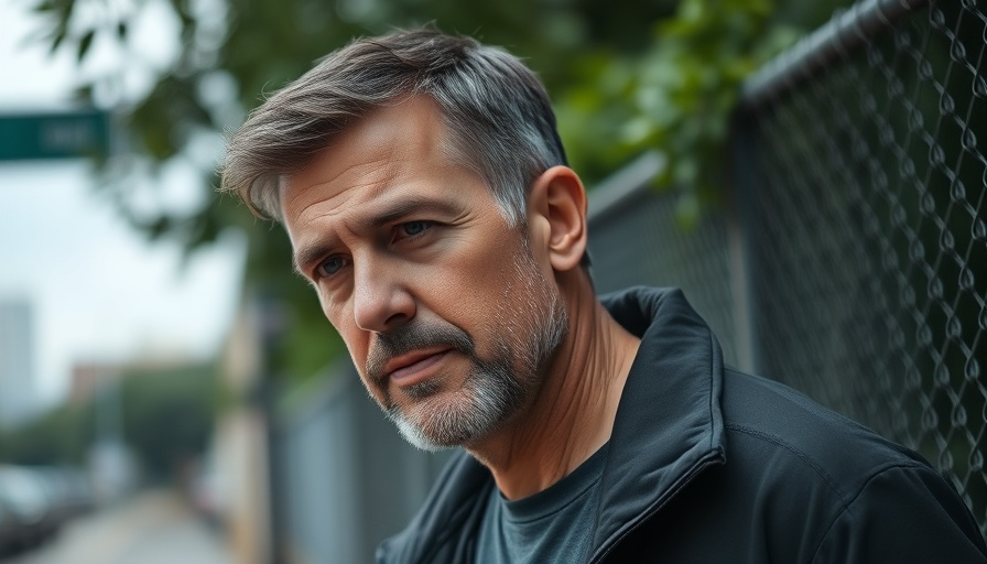 Thoughtful middle-aged man outdoors, urban fence backdrop.