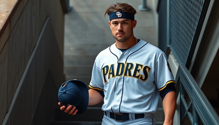 Baseball player in Padres uniform climbing stairs holding cap.