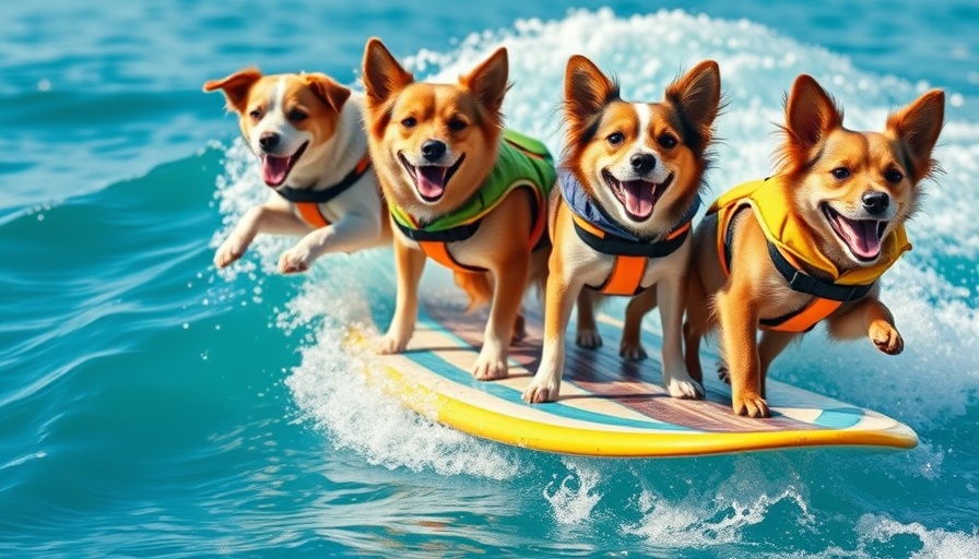 Dogs surfing in San Diego, wearing life jackets. Fun weekend activity.
