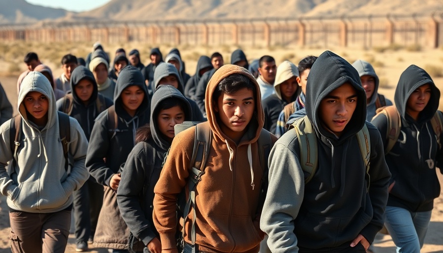 Migrants walking through dusty terrain, showing determination.