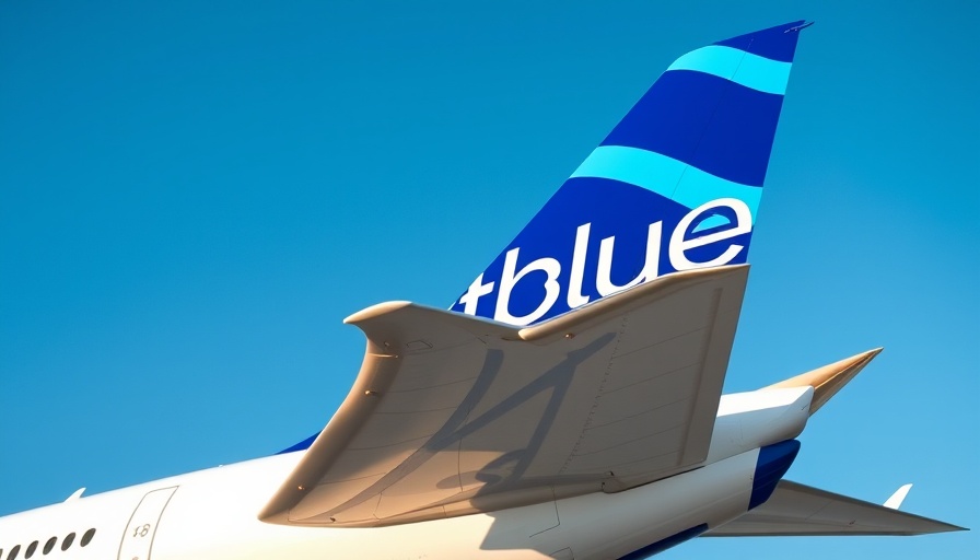 JetBlue airplane tail close-up with blue stripes against clear sky.