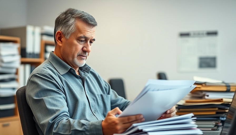 Middle-aged man organizing files in office for tax preparation services.