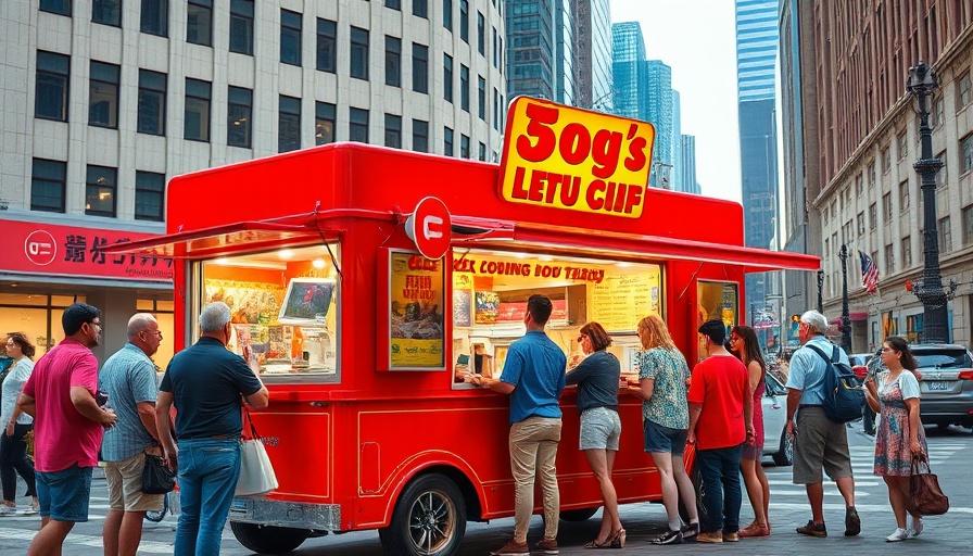 Colorful food truck business attracting customers in city street