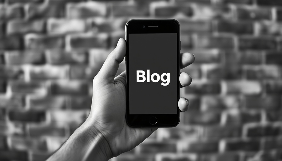 Hand holding phone with 'Blog' on screen against brick wall.