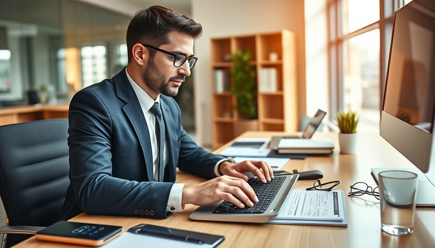 Business professional reviewing a commercial loan application in an office.