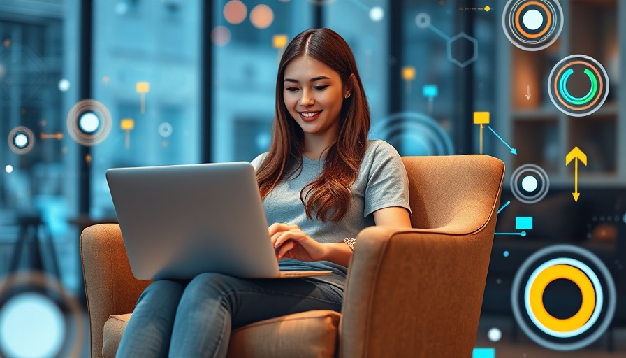 Young woman engaging in usability testing with digital icons around.