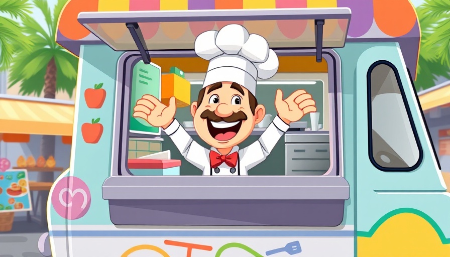 Cartoon chef in vibrant food truck for starting a food truck business.