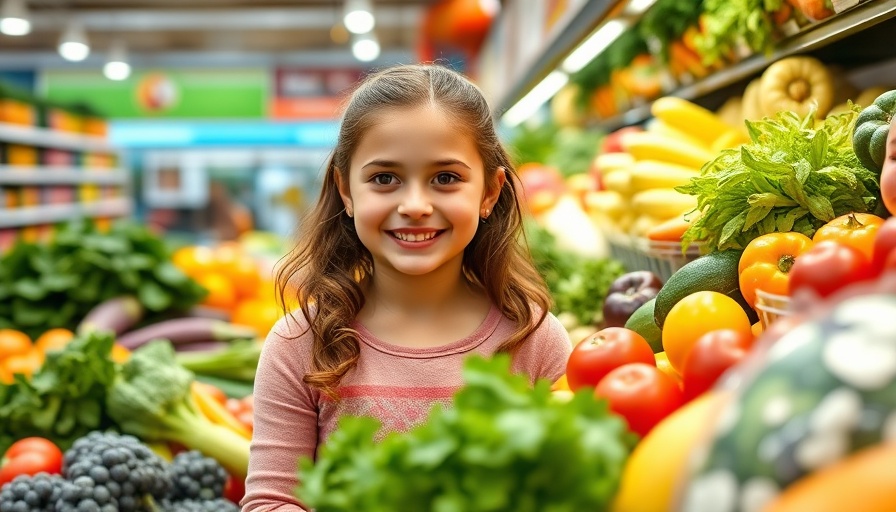 Young girl choosing produce in a grocery store aisle.