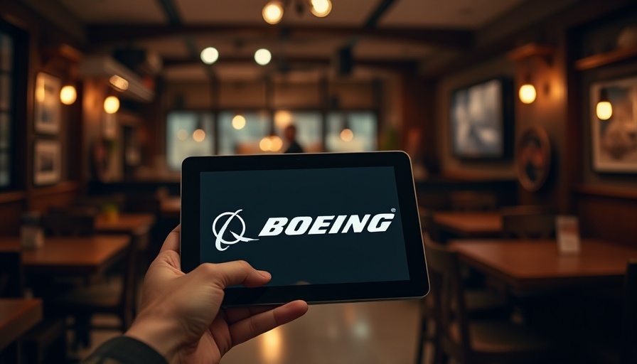 Tablet displaying Boeing logo in a cafe setting, dim lighting.