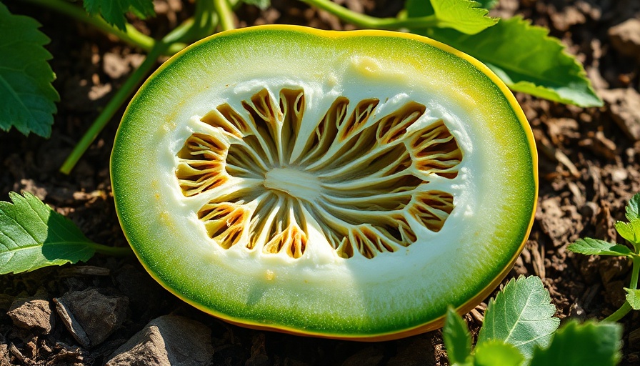 Close-up of a sliced winter melon in the garden.