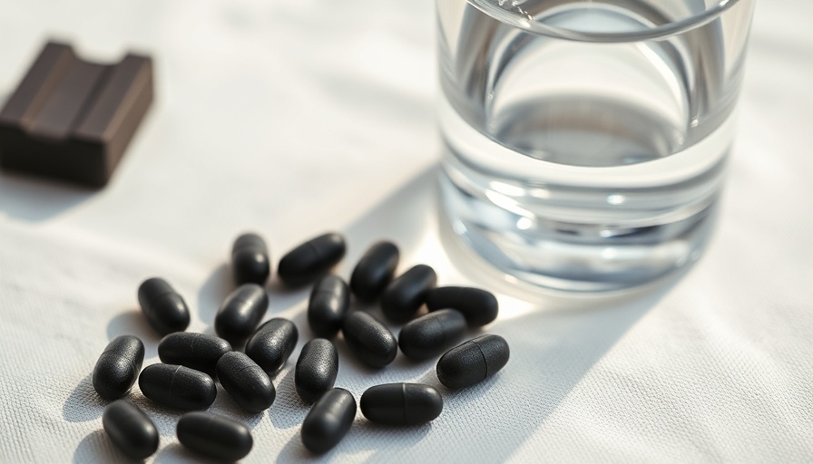 Activated Charcoal for Prepping: Capsules next to water on fabric.