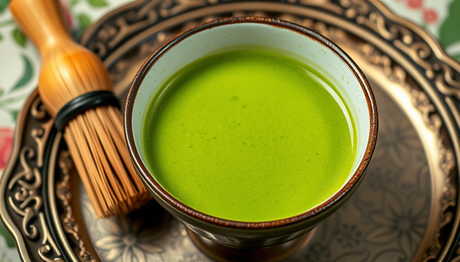 Bowl of matcha green tea with whisk on tray highlighting benefits.