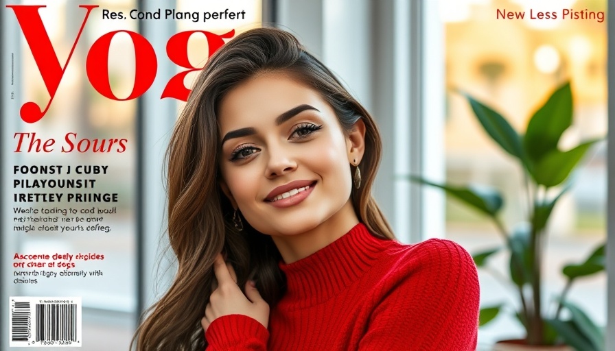 Colorful magazine cover featuring a woman in a red sweater
