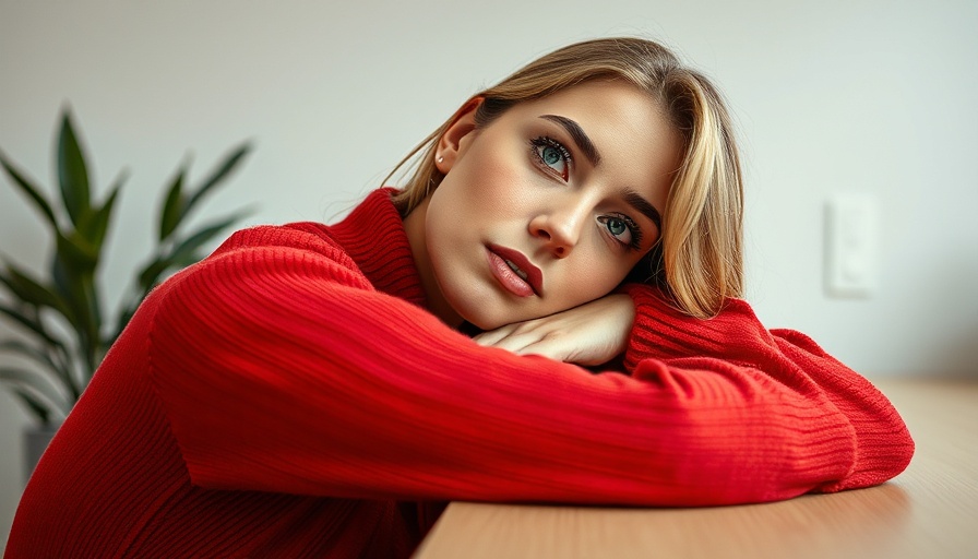 Thoughtful woman in a red sweater on magazine cover style image