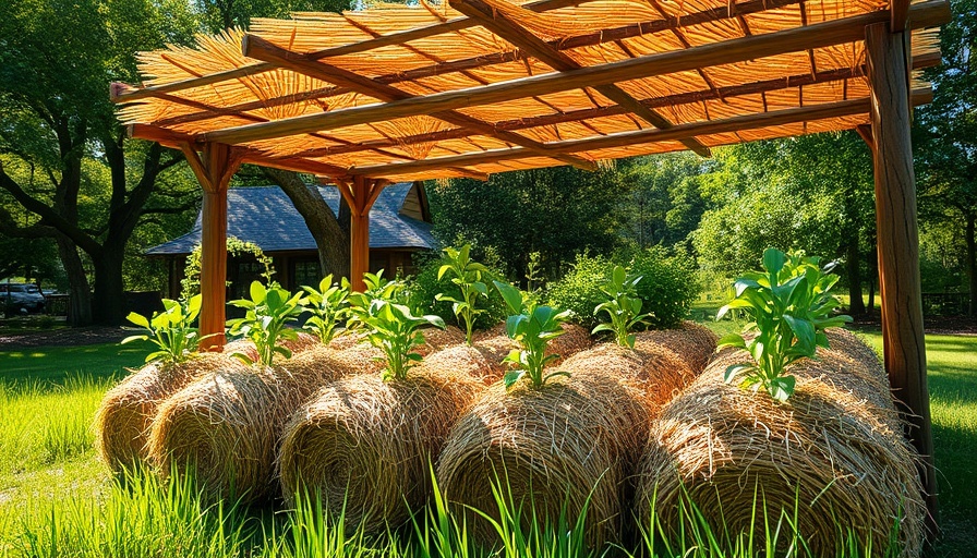 Thriving hay-bale garden under wooden canopy in daylight