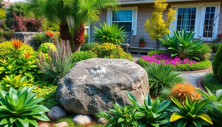 Lush home gardening scene with focal rock and vibrant plants.