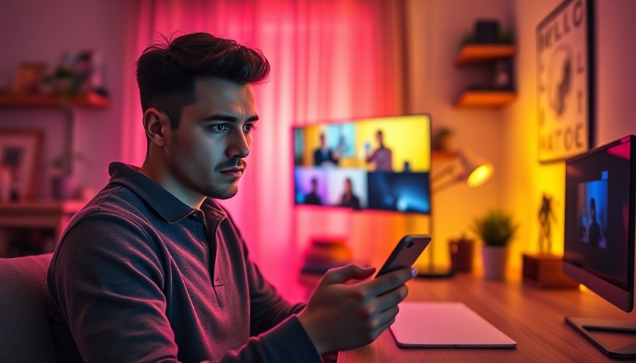 Man distracted during virtual meeting in colorful home office.
