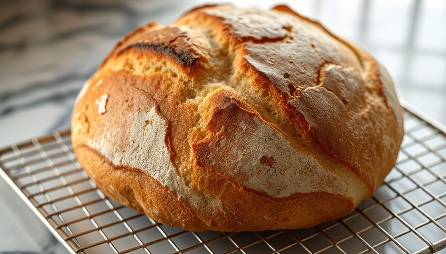 Golden-brown sourdough loaf with cracked crust cooling on wire rack.