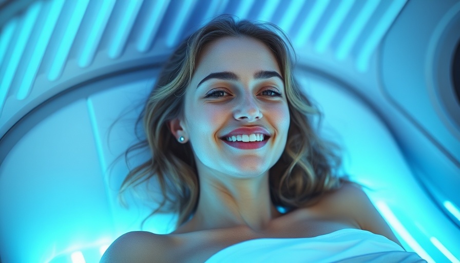 Young woman in a tanning bed with glowing blue light; concept of tanning bed recycling.
