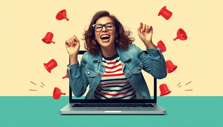 Graphic of woman popping out of laptop with notification bells.