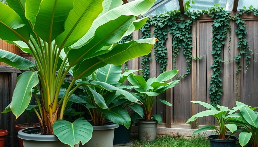 Lush banana plants thriving in a backyard garden.