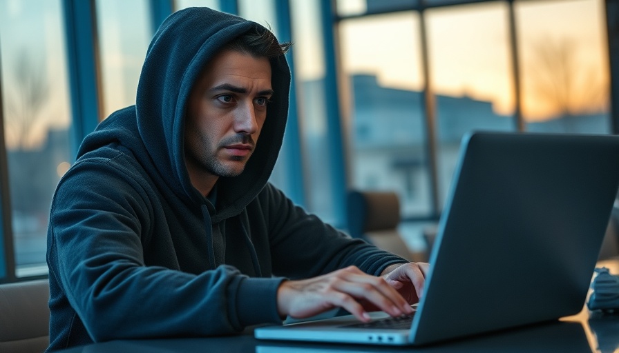 Serious worker in hoodie at laptop in dim office setting.