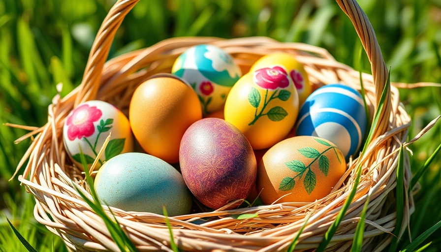Eco-friendly Easter basket with painted eggs and straw grass