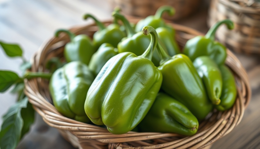Fresh green Hatch peppers in a rustic basket, photorealistic style.