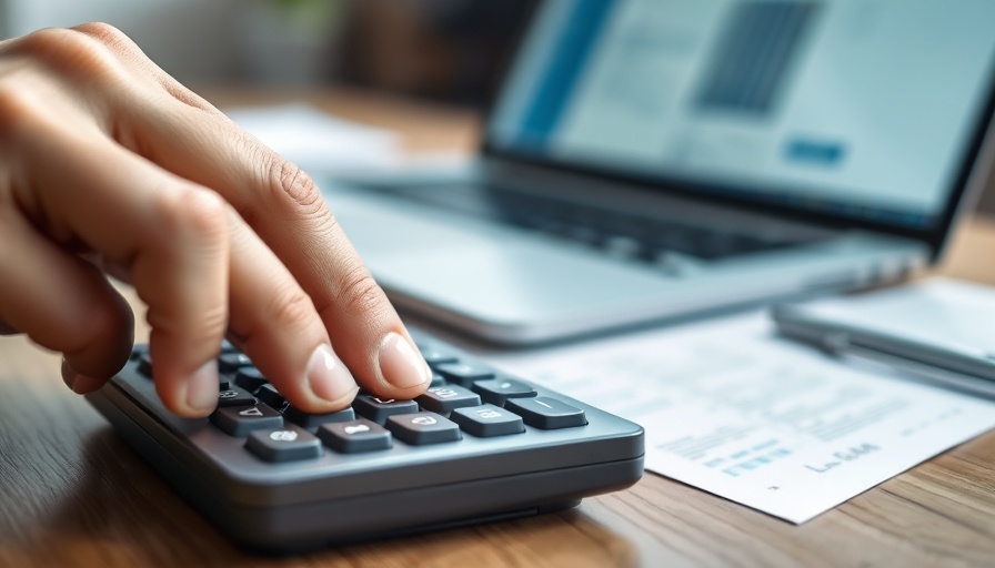 Close-up of a hand using a calculator with a laptop nearby.