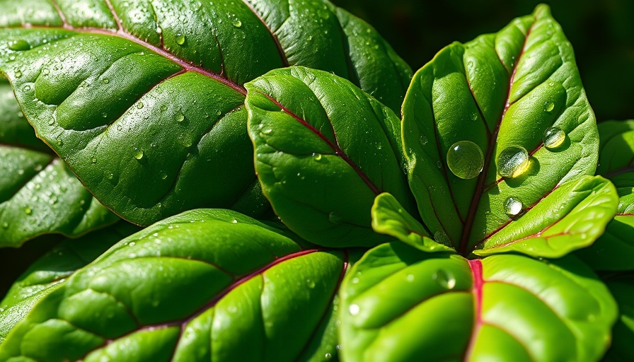 Close-up of green Malabar spinach leaves with water droplets.