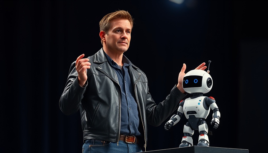 Jensen Huang presenting robotics engine with robot on stage.